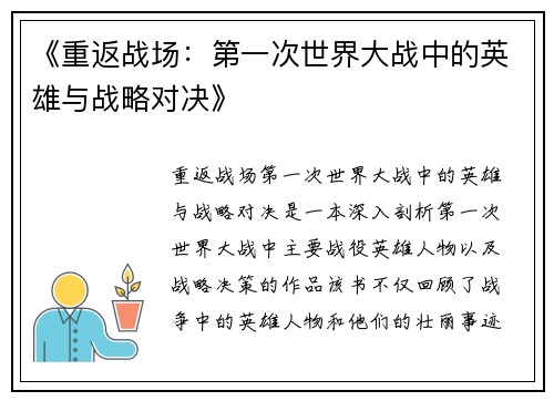 《重返战场：第一次世界大战中的英雄与战略对决》