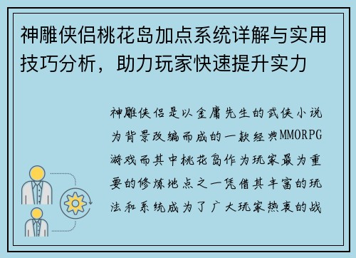 神雕侠侣桃花岛加点系统详解与实用技巧分析，助力玩家快速提升实力