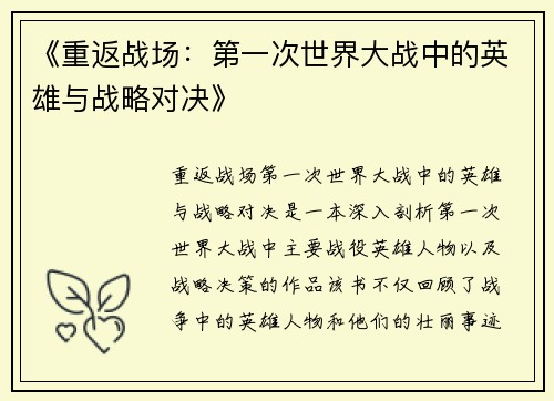 《重返战场：第一次世界大战中的英雄与战略对决》