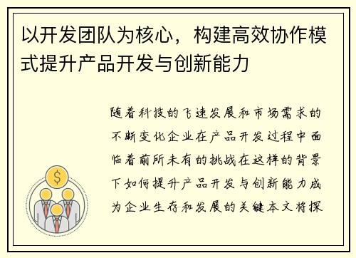 以开发团队为核心，构建高效协作模式提升产品开发与创新能力